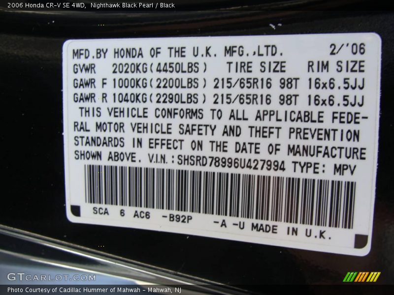 Nighthawk Black Pearl / Black 2006 Honda CR-V SE 4WD