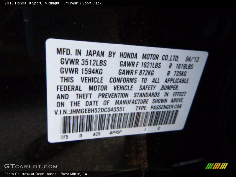 Midnight Plum Pearl / Sport Black 2013 Honda Fit Sport