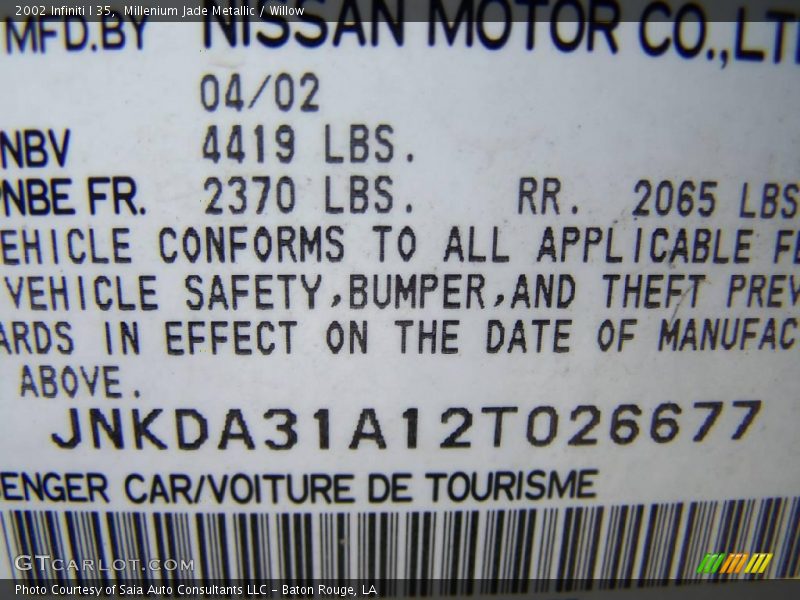 Millenium Jade Metallic / Willow 2002 Infiniti I 35