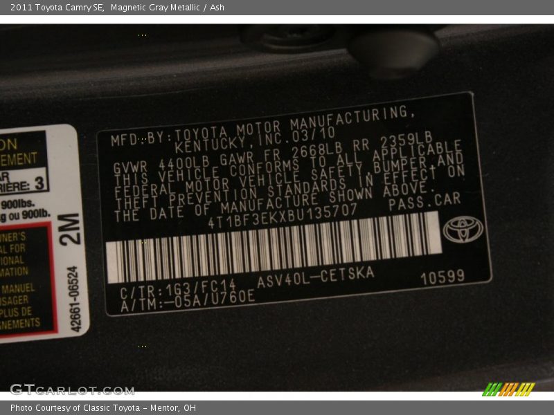 Magnetic Gray Metallic / Ash 2011 Toyota Camry SE