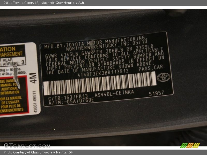 Magnetic Gray Metallic / Ash 2011 Toyota Camry LE