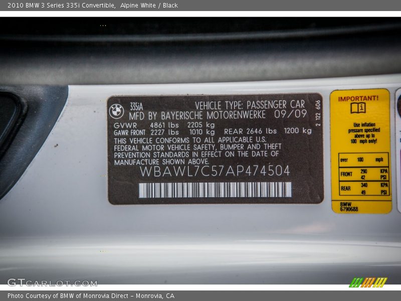 Info Tag of 2010 3 Series 335i Convertible