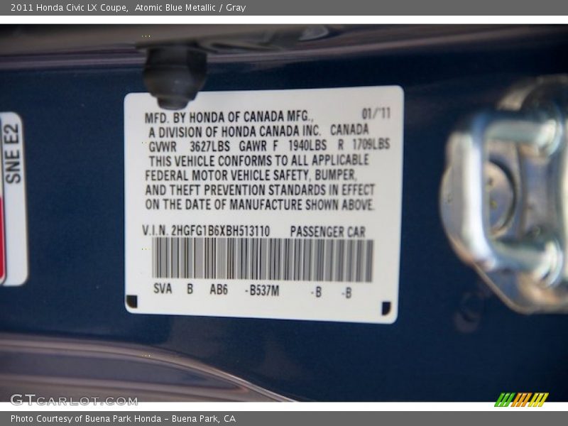 Atomic Blue Metallic / Gray 2011 Honda Civic LX Coupe