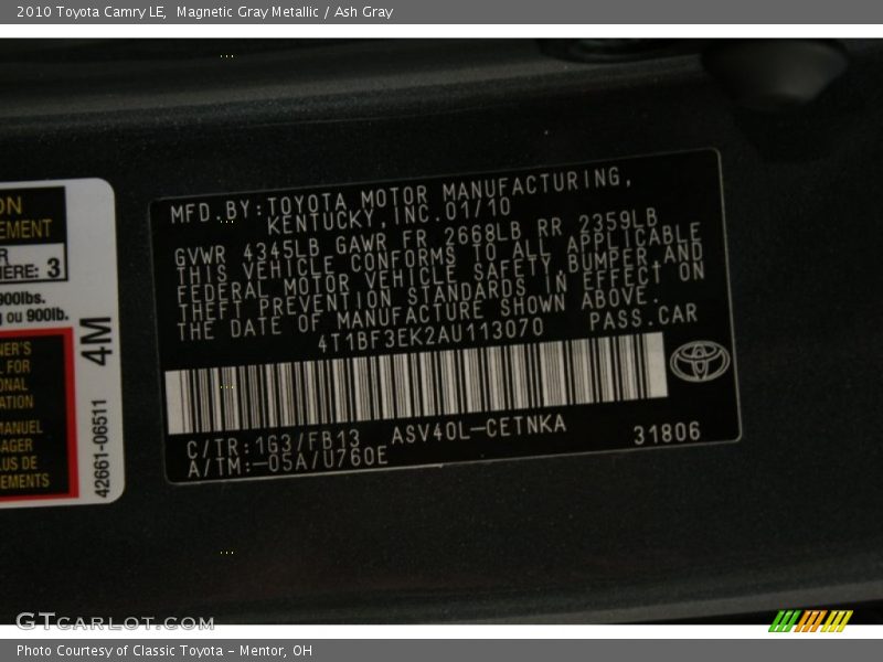Magnetic Gray Metallic / Ash Gray 2010 Toyota Camry LE