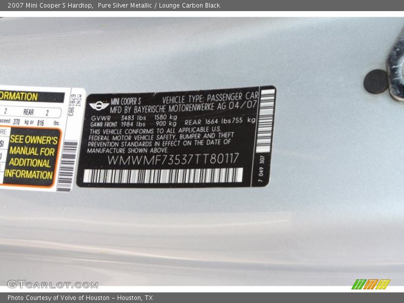 Pure Silver Metallic / Lounge Carbon Black 2007 Mini Cooper S Hardtop