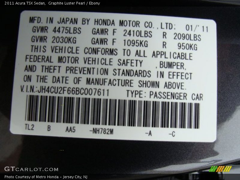 Graphite Luster Pearl / Ebony 2011 Acura TSX Sedan