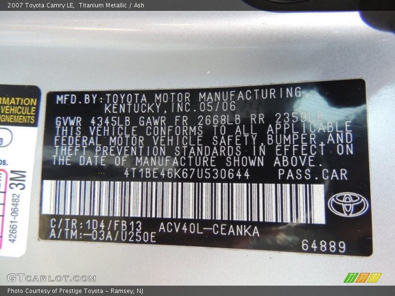 Titanium Metallic / Ash 2007 Toyota Camry LE