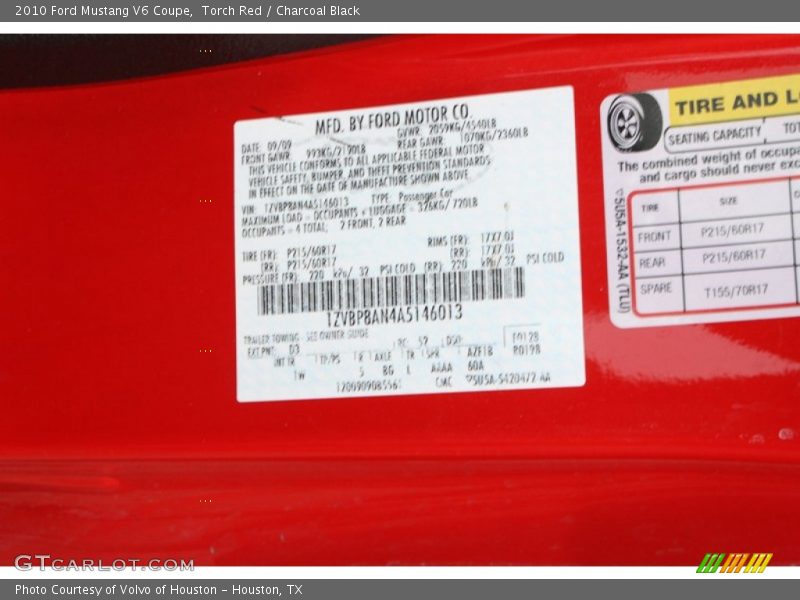 Torch Red / Charcoal Black 2010 Ford Mustang V6 Coupe