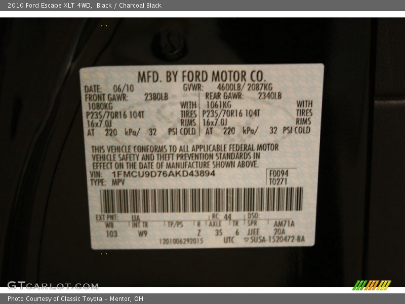 2010 Escape XLT 4WD Black Color Code UA
