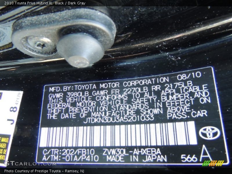 Black / Dark Gray 2010 Toyota Prius Hybrid III