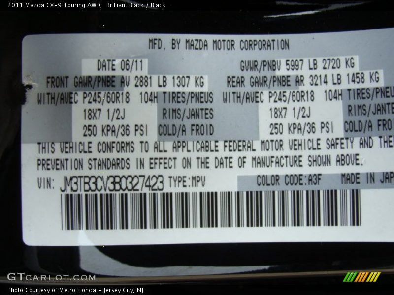 Brilliant Black / Black 2011 Mazda CX-9 Touring AWD