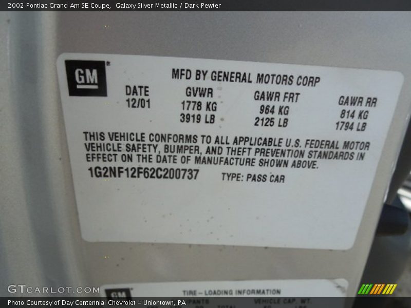 Info Tag of 2002 Grand Am SE Coupe