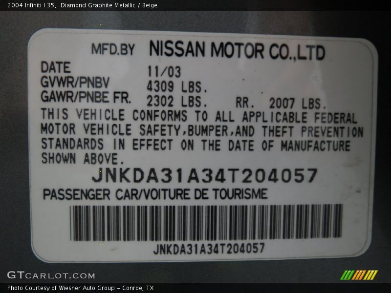 Diamond Graphite Metallic / Beige 2004 Infiniti I 35