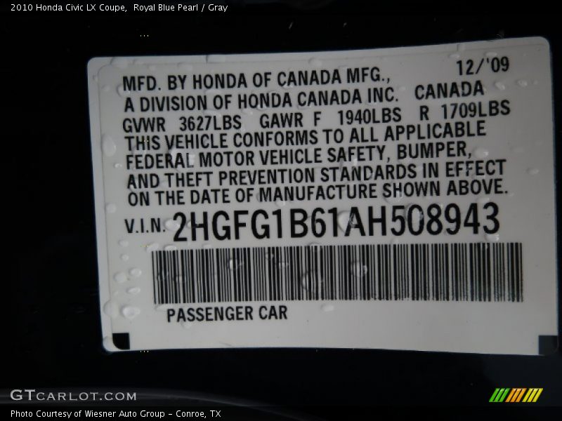 Royal Blue Pearl / Gray 2010 Honda Civic LX Coupe