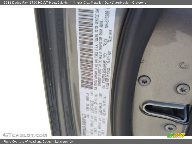 Mineral Gray Metallic / Dark Slate/Medium Graystone 2012 Dodge Ram 2500 HD SLT Mega Cab 4x4