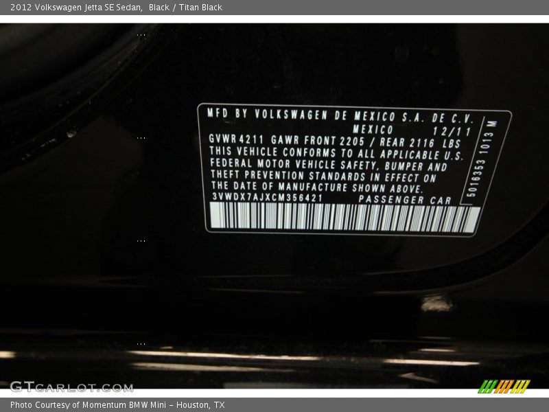 Black / Titan Black 2012 Volkswagen Jetta SE Sedan