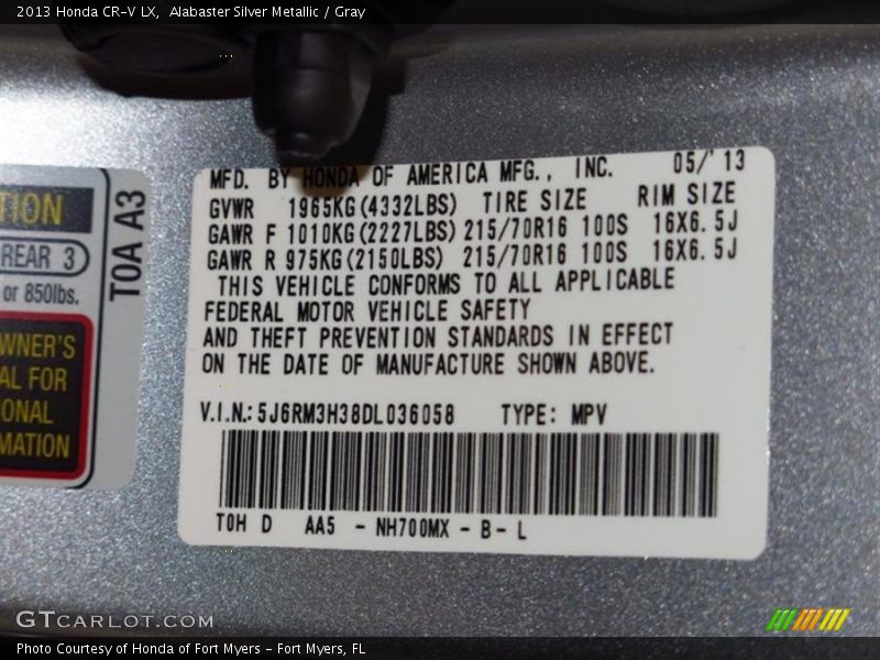 Alabaster Silver Metallic / Gray 2013 Honda CR-V LX