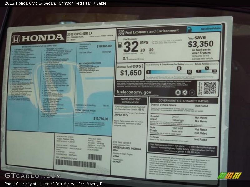 Crimson Red Pearl / Beige 2013 Honda Civic LX Sedan