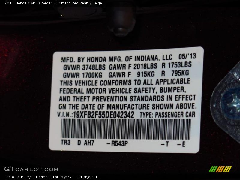 Crimson Red Pearl / Beige 2013 Honda Civic LX Sedan