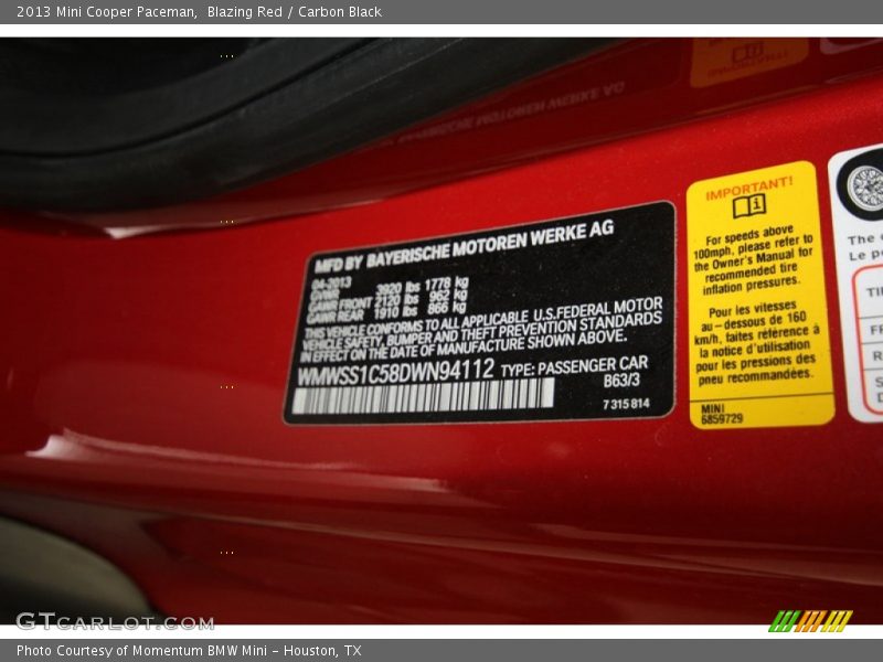 2013 Cooper Paceman Blazing Red Color Code B63