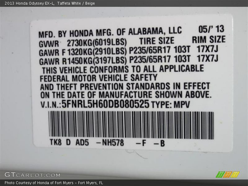 Taffeta White / Beige 2013 Honda Odyssey EX-L