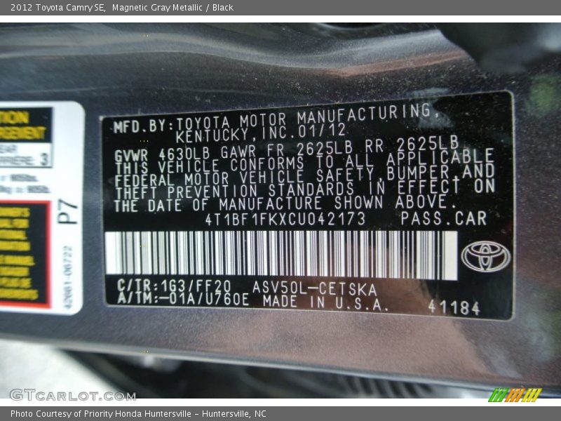 Magnetic Gray Metallic / Black 2012 Toyota Camry SE