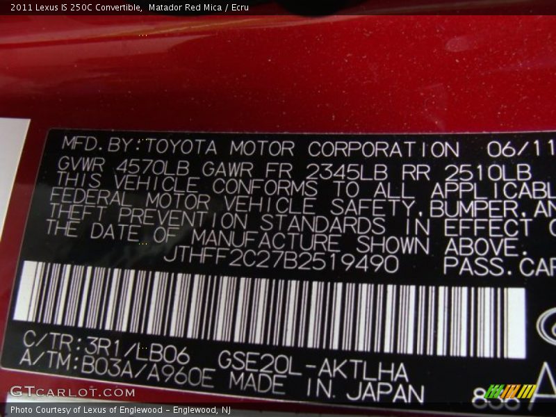 2011 IS 250C Convertible Matador Red Mica Color Code 3R1