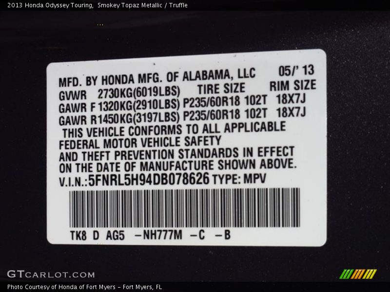 Smokey Topaz Metallic / Truffle 2013 Honda Odyssey Touring