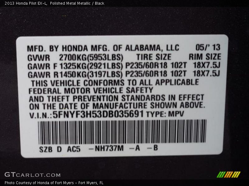 Polished Metal Metallic / Black 2013 Honda Pilot EX-L