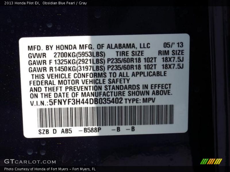 Obsidian Blue Pearl / Gray 2013 Honda Pilot EX