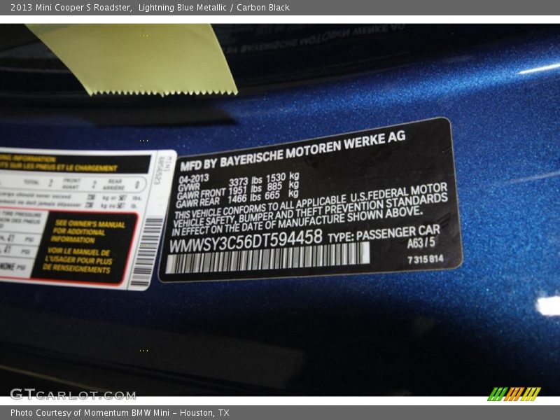 2013 Cooper S Roadster Lightning Blue Metallic Color Code A63
