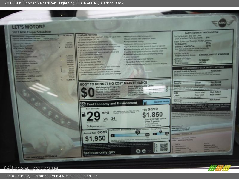  2013 Cooper S Roadster Window Sticker