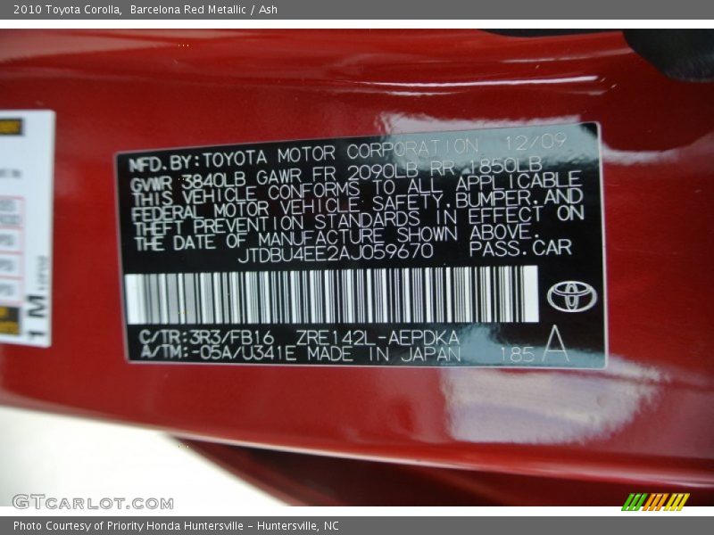 Barcelona Red Metallic / Ash 2010 Toyota Corolla