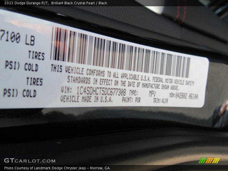 2013 Durango R/T Brilliant Black Crystal Pearl Color Code PXR