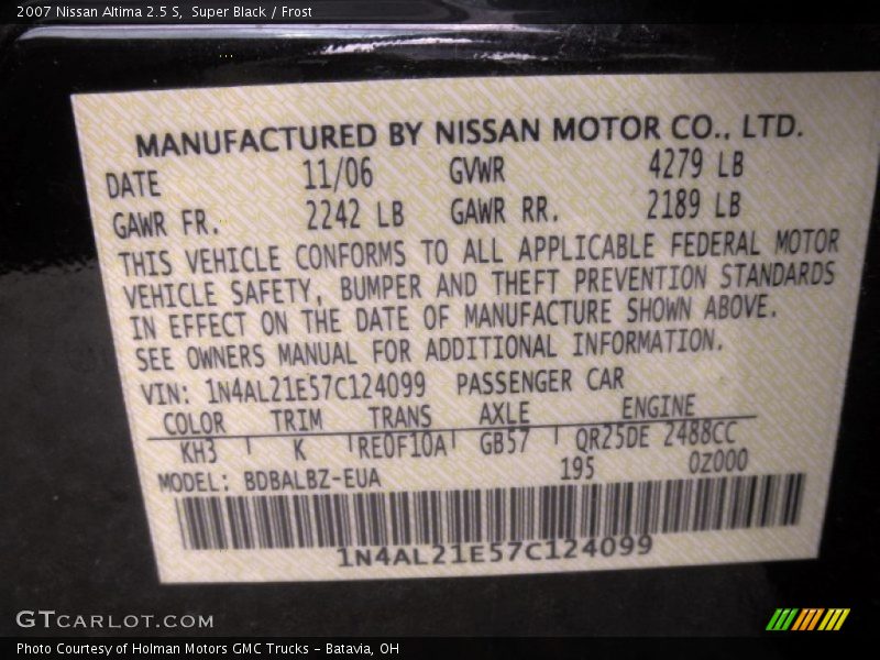 Super Black / Frost 2007 Nissan Altima 2.5 S