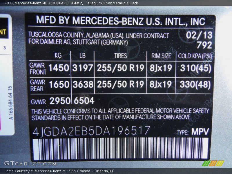 2013 ML 350 BlueTEC 4Matic Palladium Silver Metallic Color Code 792