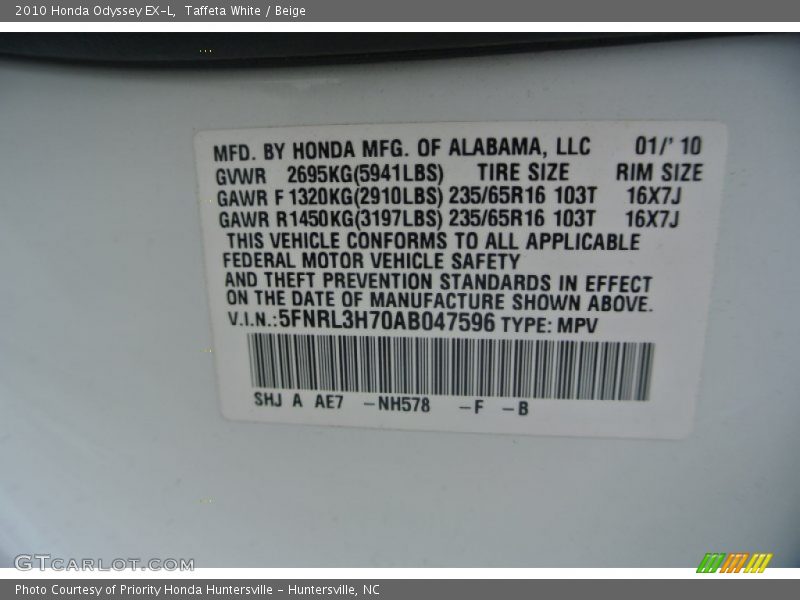 Taffeta White / Beige 2010 Honda Odyssey EX-L