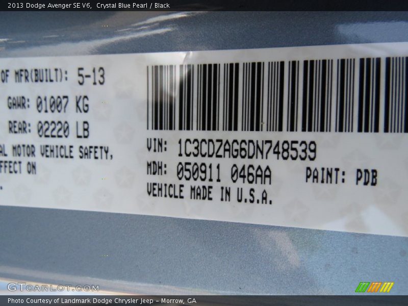 Crystal Blue Pearl / Black 2013 Dodge Avenger SE V6
