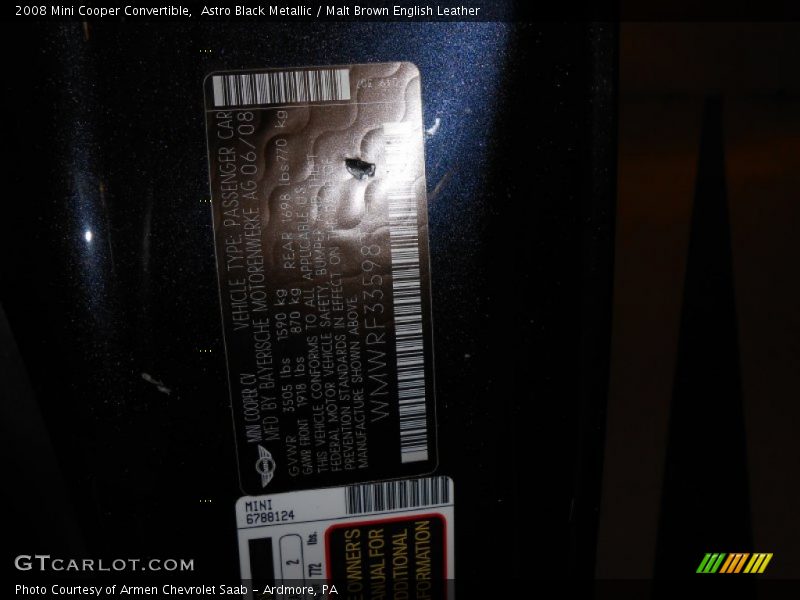 Astro Black Metallic / Malt Brown English Leather 2008 Mini Cooper Convertible