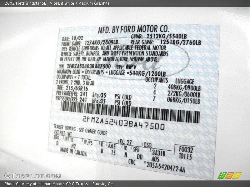 Vibrant White / Medium Graphite 2003 Ford Windstar SE