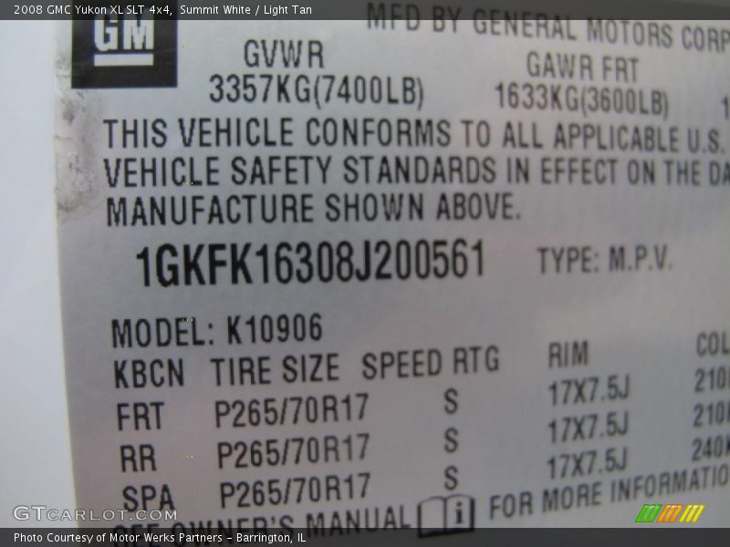 Info Tag of 2008 Yukon XL SLT 4x4