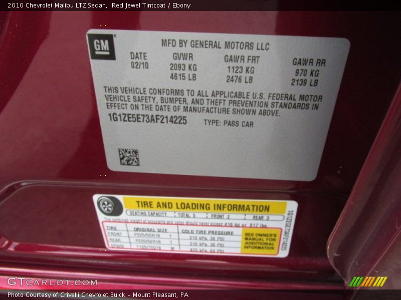 Info Tag of 2010 Malibu LTZ Sedan