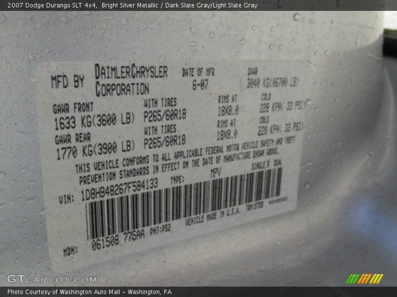 Bright Silver Metallic / Dark Slate Gray/Light Slate Gray 2007 Dodge Durango SLT 4x4