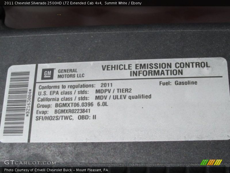 Info Tag of 2011 Silverado 2500HD LTZ Extended Cab 4x4