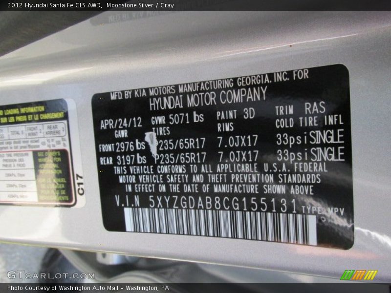 Moonstone Silver / Gray 2012 Hyundai Santa Fe GLS AWD