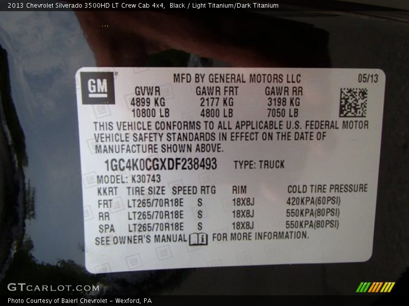 Info Tag of 2013 Silverado 3500HD LT Crew Cab 4x4