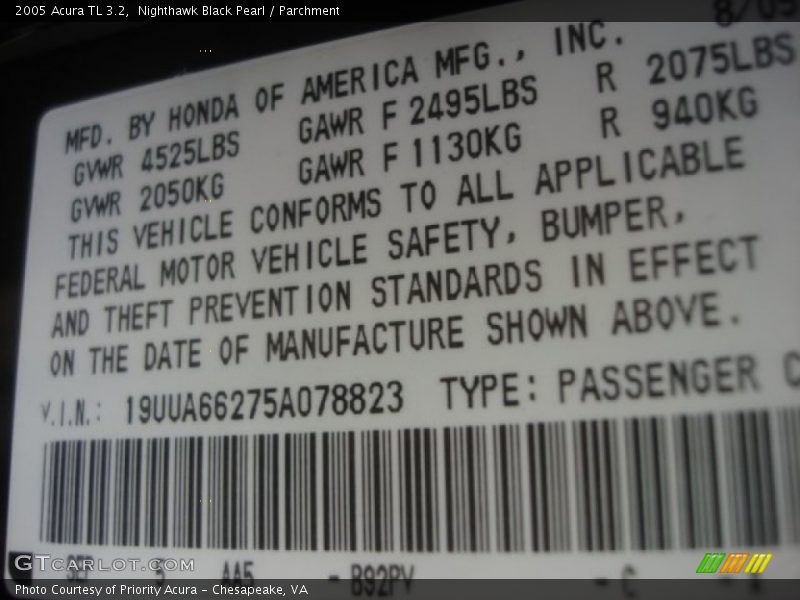 Nighthawk Black Pearl / Parchment 2005 Acura TL 3.2