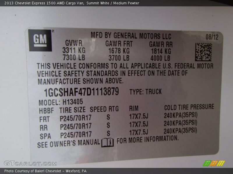 Info Tag of 2013 Express 1500 AWD Cargo Van