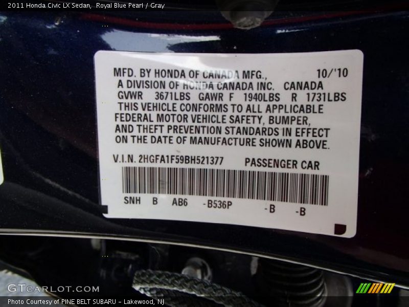 Royal Blue Pearl / Gray 2011 Honda Civic LX Sedan