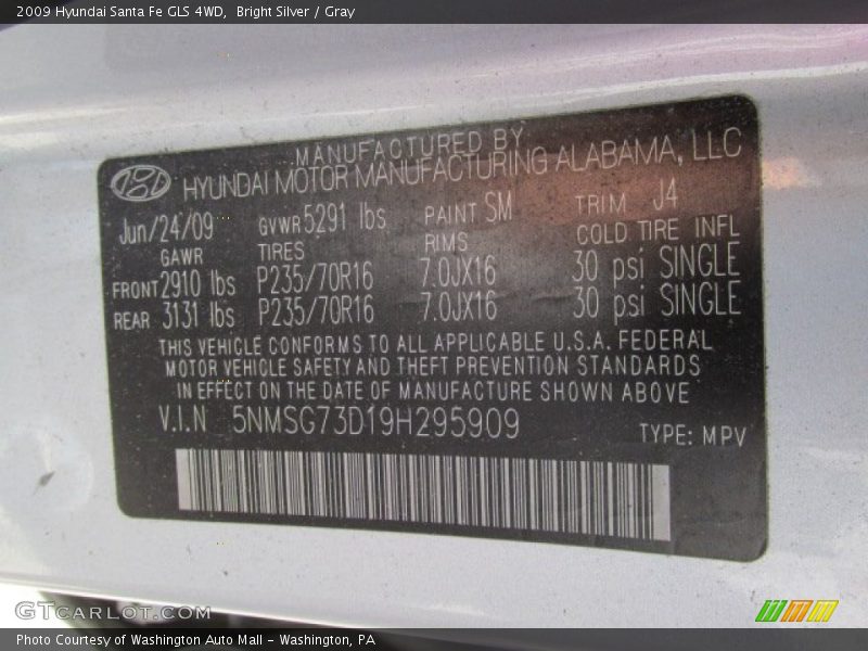 2009 Santa Fe GLS 4WD Bright Silver Color Code SM